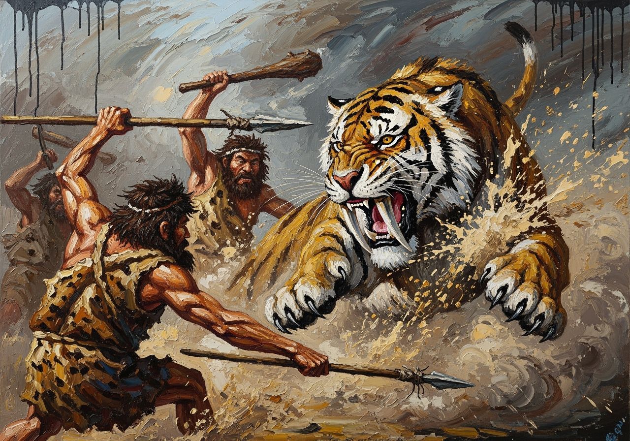 Cavemen Fight Saber-Toothed Tiger: Impasto Oil Painting