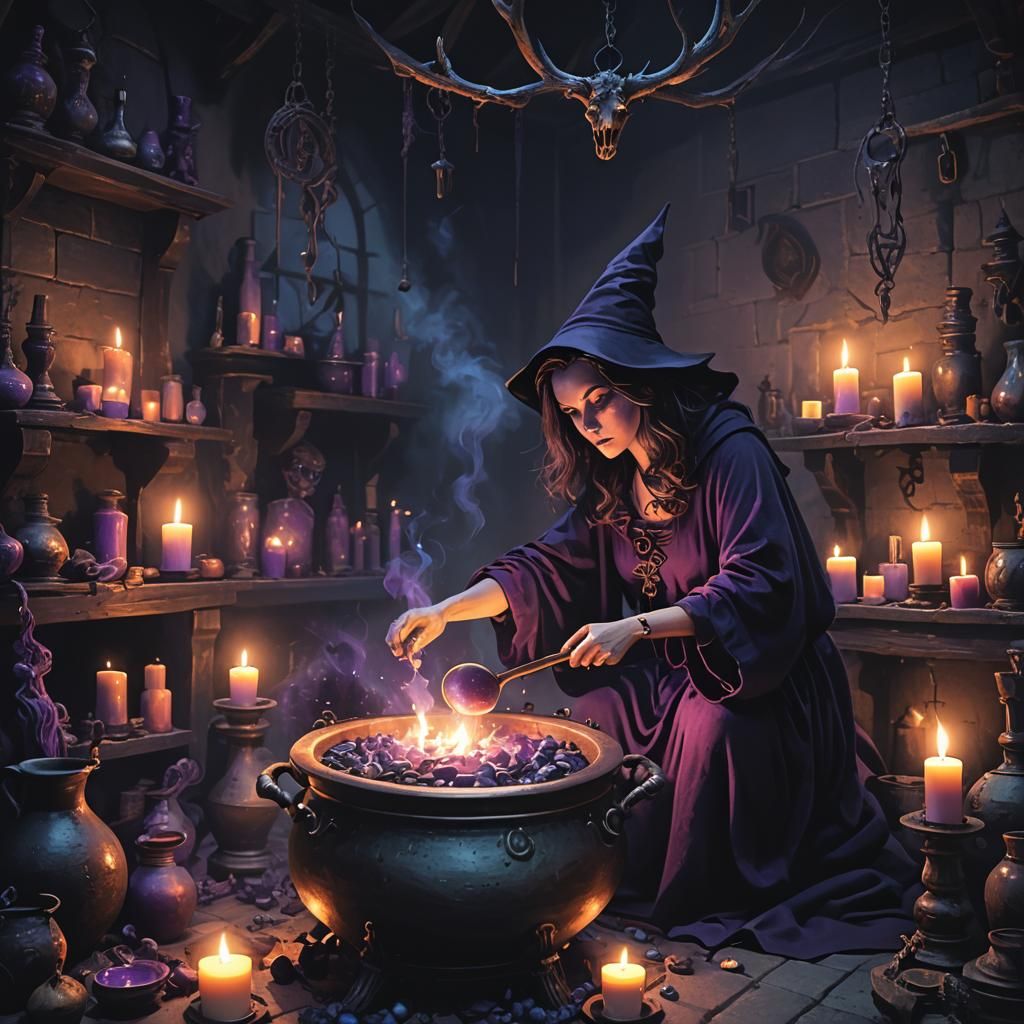 Eerie Witch Brewing Potion in Dark Fantasy Art