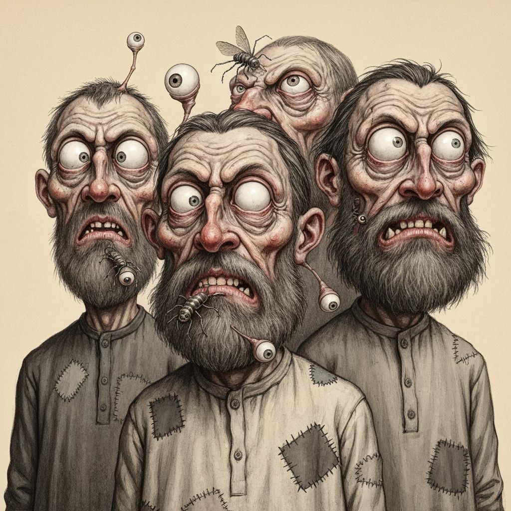 Grimdark Surreal Charcoal Art of Grotesque Russian Peasants