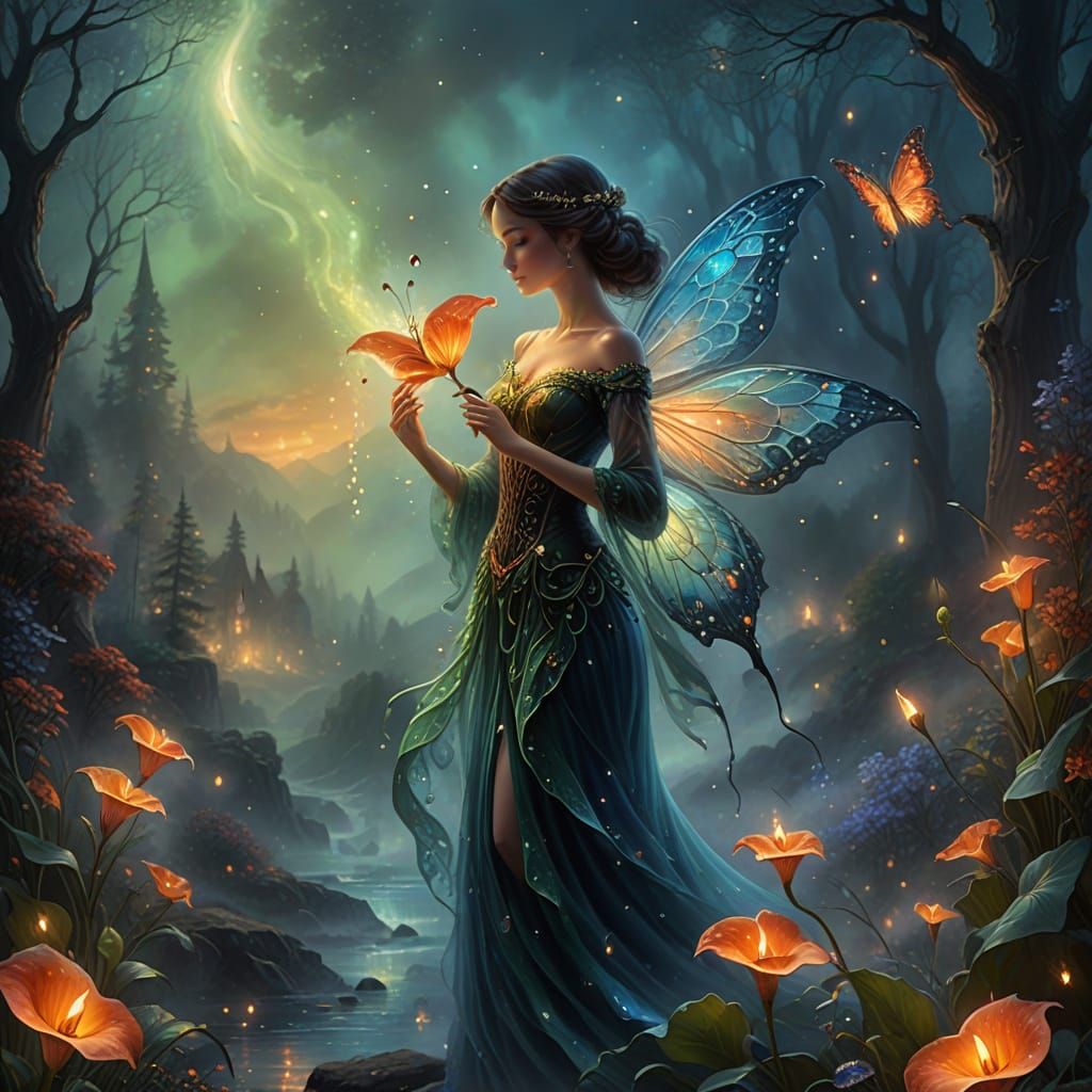 Dreamy Fantasy Scene of a Glowing Calla Flower Butterfly