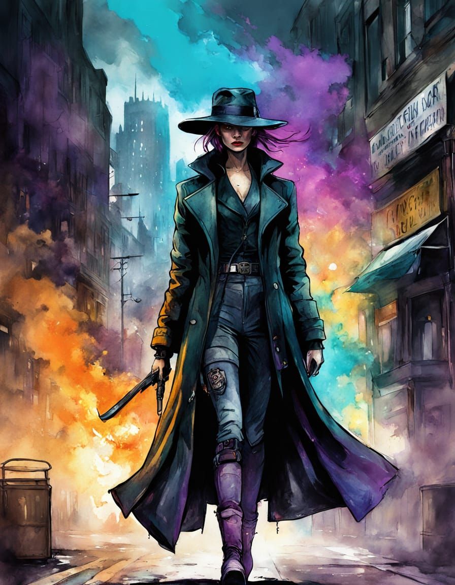 Cyberpunk Detective in London Street Scene