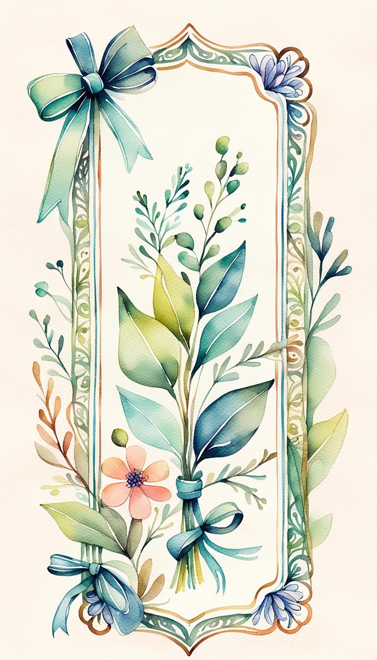 Watercolor Bookmark with Ribbon Plant Ornament