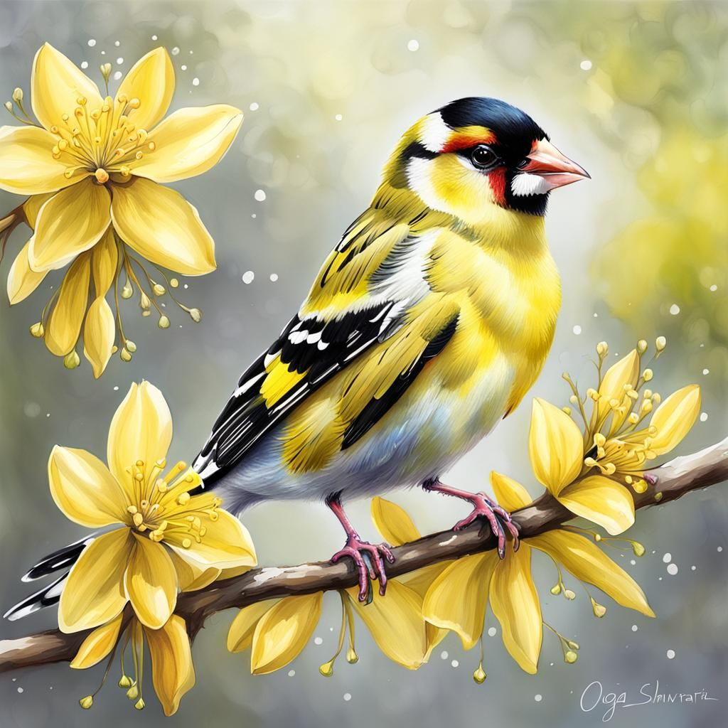 Sparkling Goldfinch with Forsythia Flowers