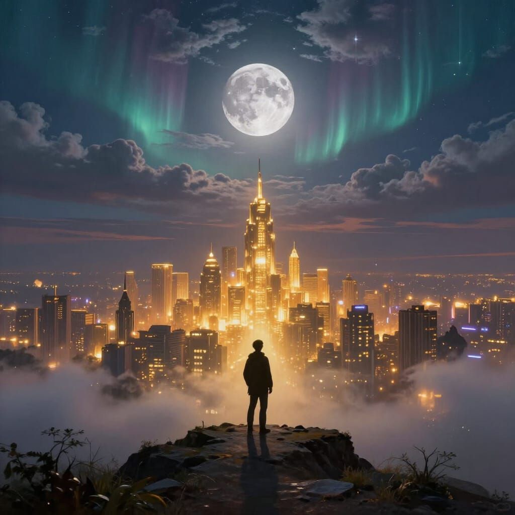 Fantasy City at Twilight, Oil Painting Style