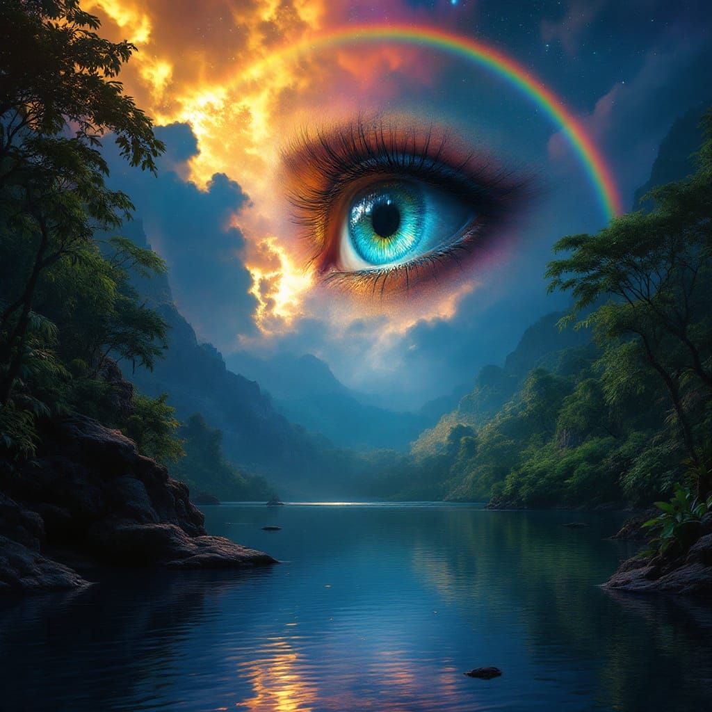 Eye Over Serene Lake Reflecting Rainbow Night