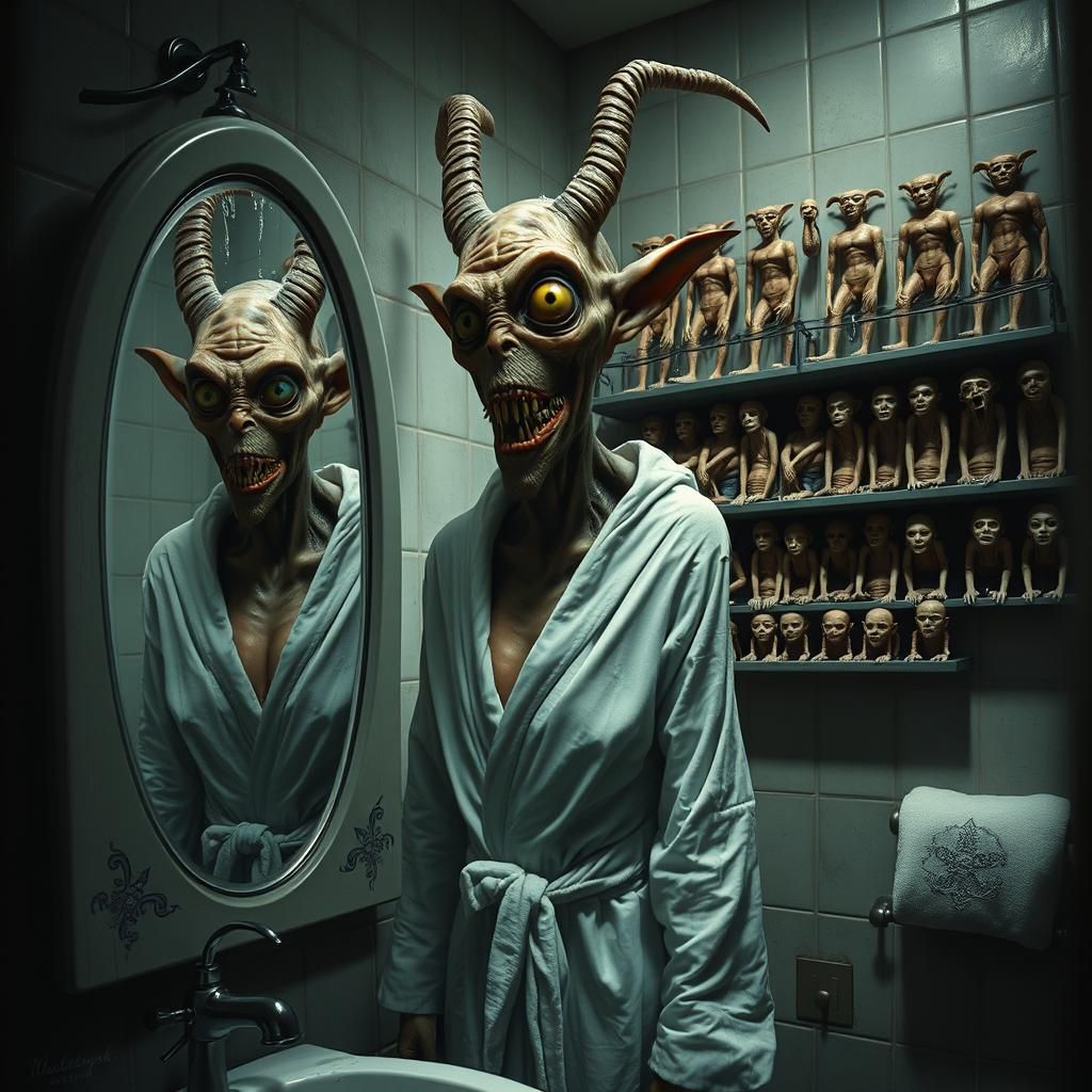 Terrified Woman and Grotesque Demon in Gothic Horror Scene