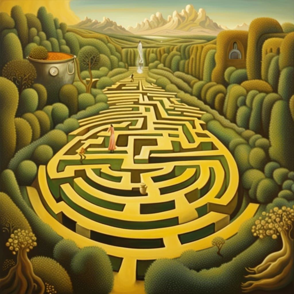 Surreal Garden Maze with Gold, in Dali Style