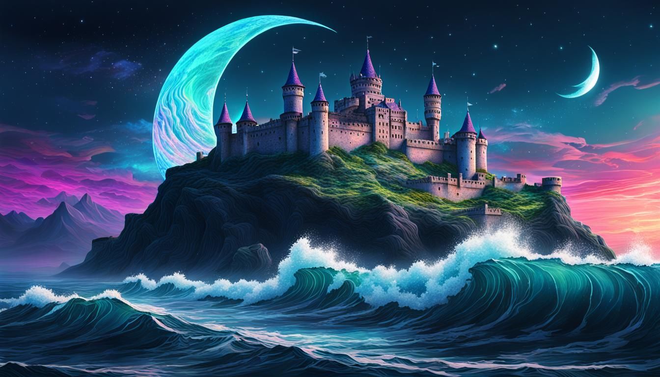 Cosmic Castle Under Crescent Moon Illustration