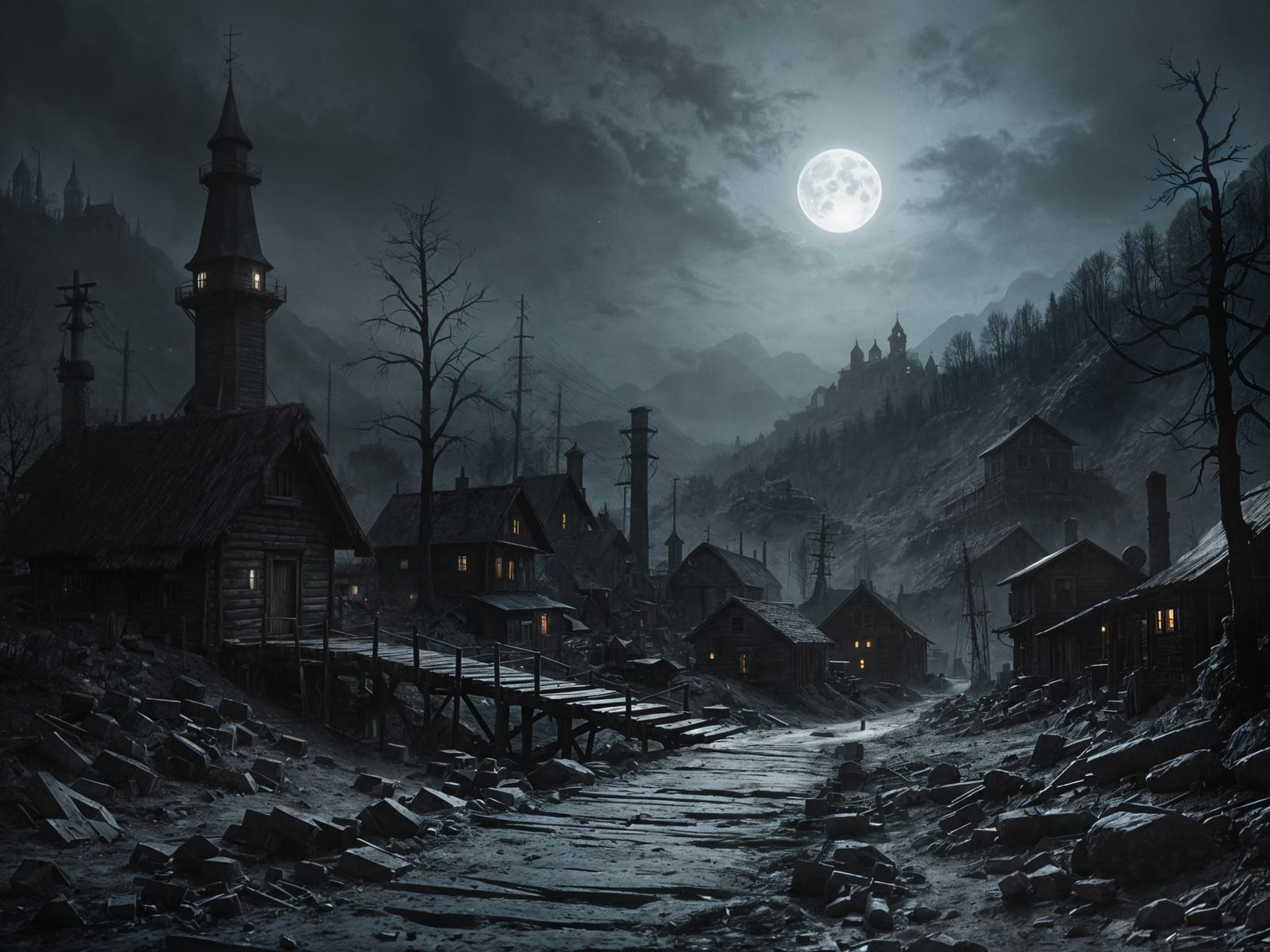Creepy Mining Town by Moonlight in Charcoal Drawing Style