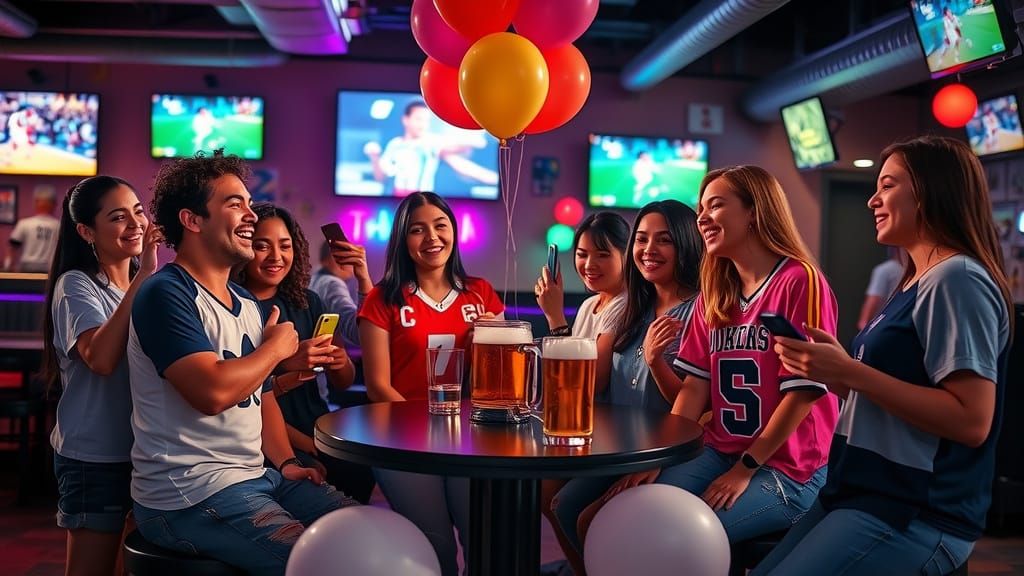 Lively Sports Bar Birthday Party Scene in Vibrant Colors