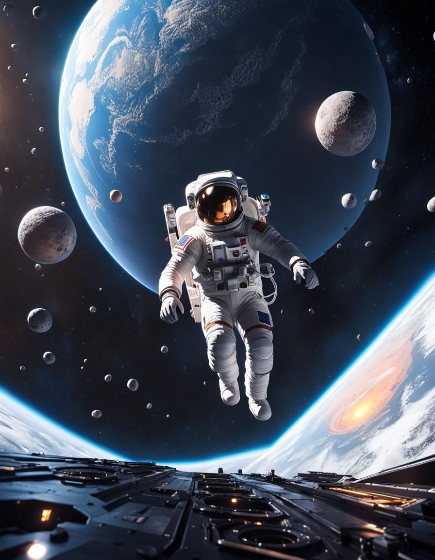 Solarpunk Astronaut Chasing Blobs in Space