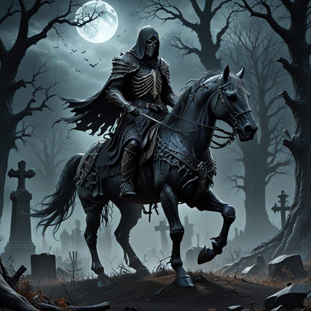 Spectral Knight Rides Skeletal Steed in Gothic Graveyard