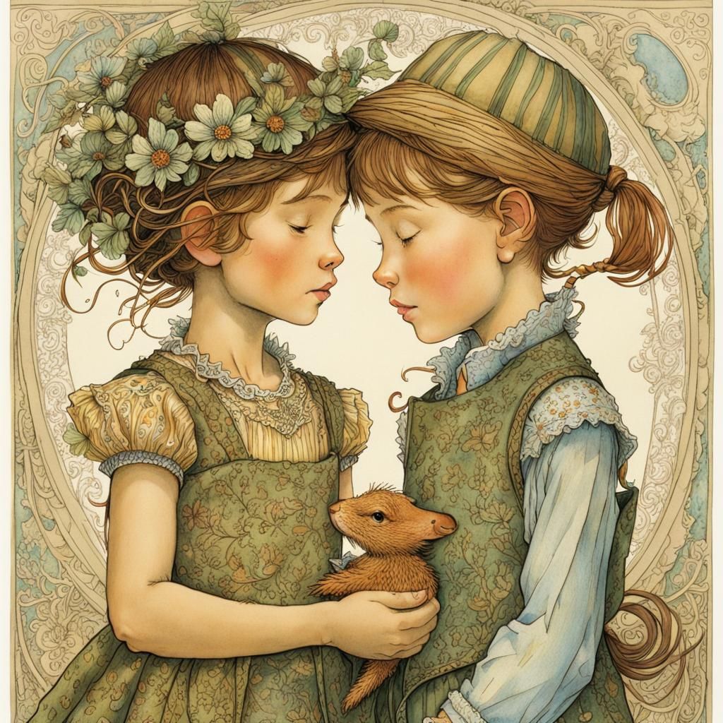 Sibling Love: Intricate Children's Book Illustration