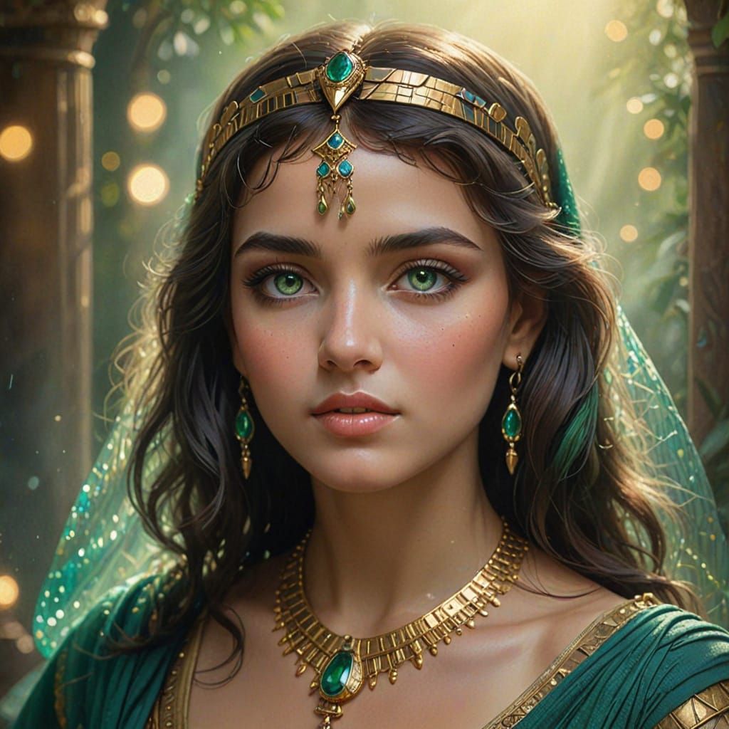 Ethereal Cleopatra in Emerald-Green Eyes Fantasy Portrait