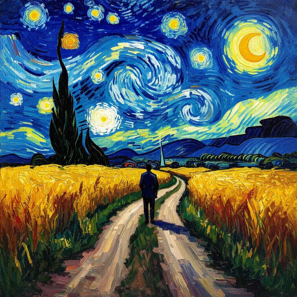 Figure at Crossroads Under Starry Night Sky in Van Gogh Styl...