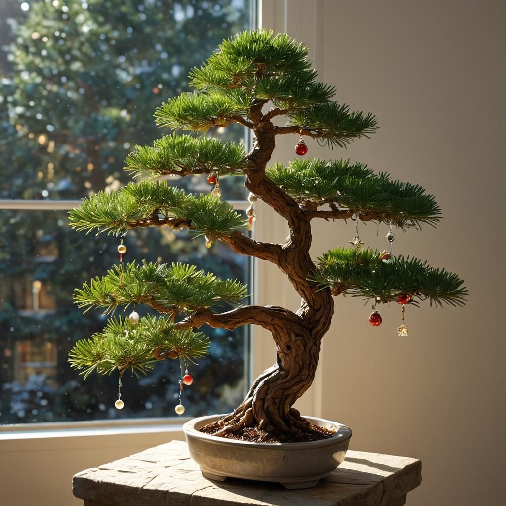 Bonsai Christmas Tree with Shimmering Ornaments