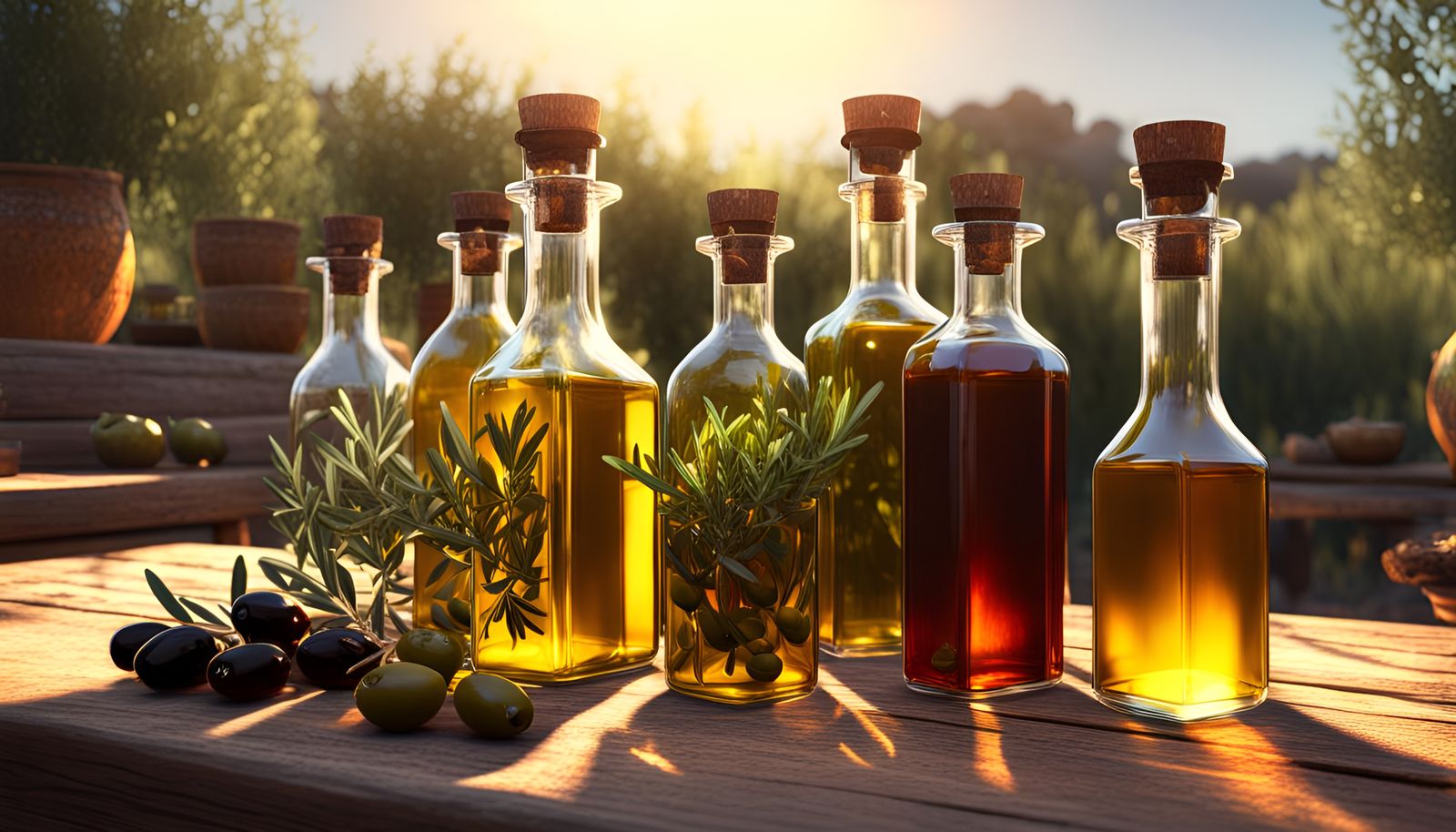 Olive Oils and Vinegars in Golden Hour, 3D Render