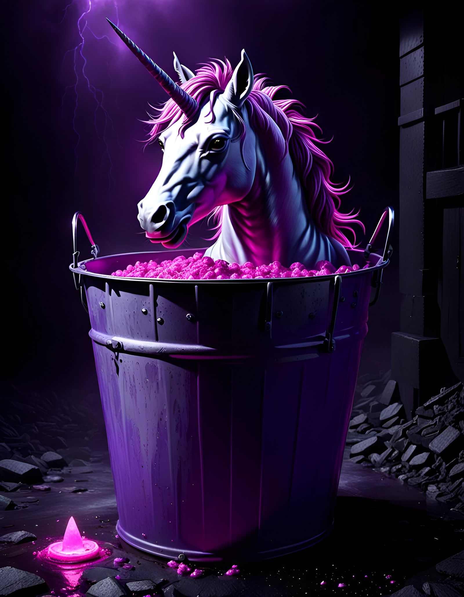 Fluorescent Purple Unicorn in Dark Fantasy Style