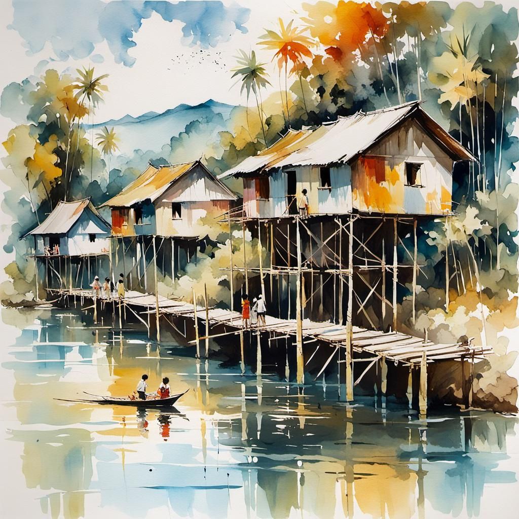 Stilt Houses and Children Playing: Watercolor Painting