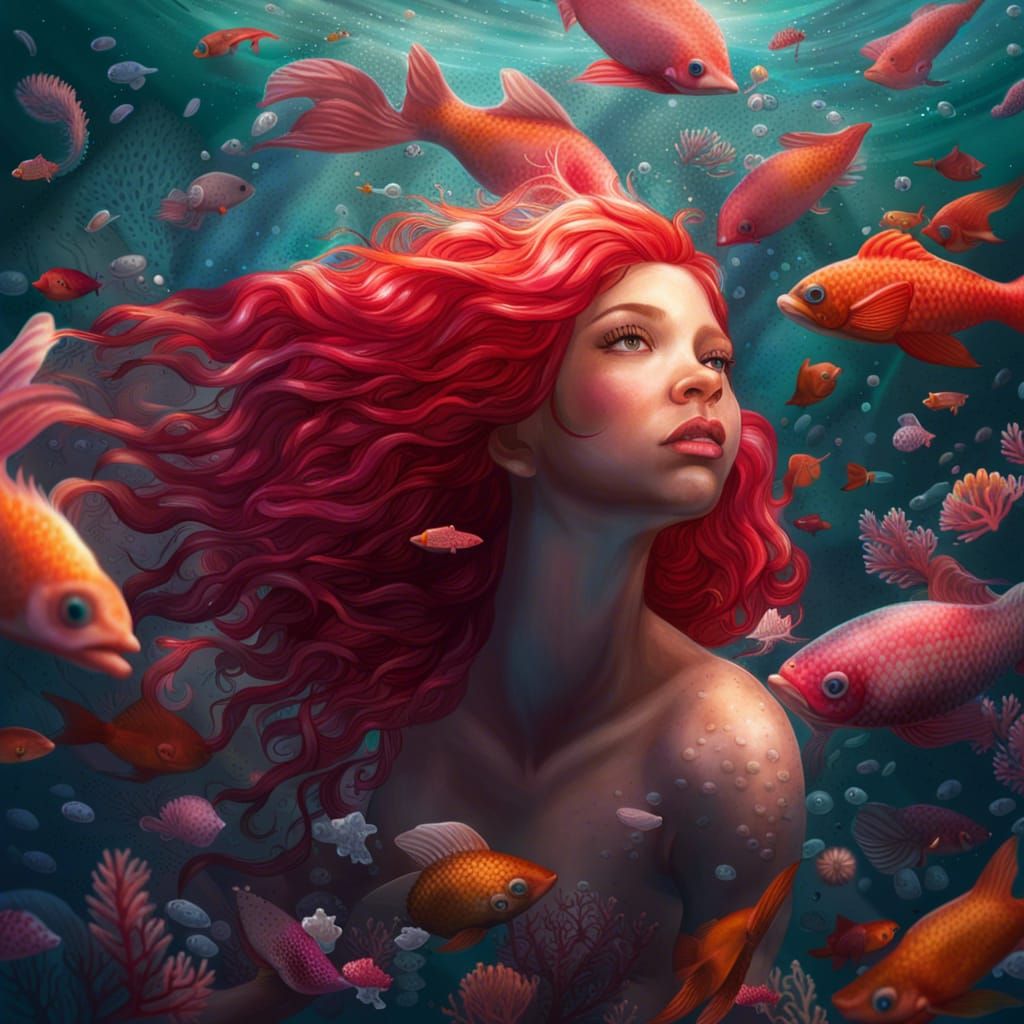 Hyperrealistic Red-Haired Mermaid in a Colorful Sea