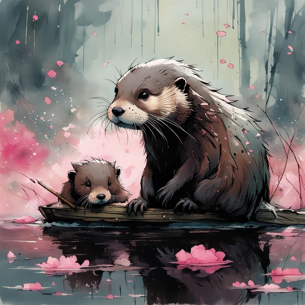 Sad Otter in Watercolor Splash Art