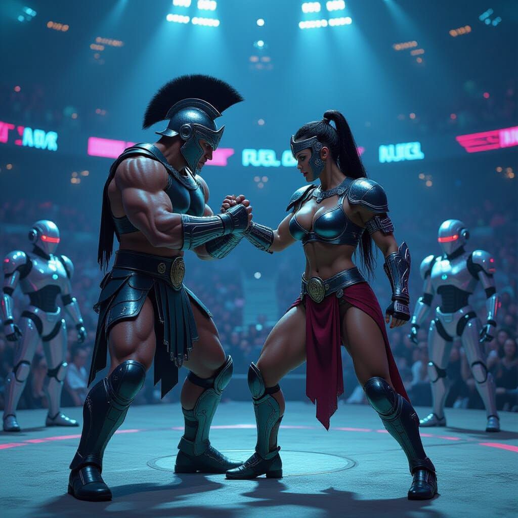 Gladiator and Cyborg Queen in Futuristic Arena, Dystopian Ar...