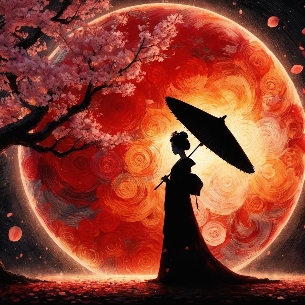 Geisha with Parasol Before Swirling Moon
