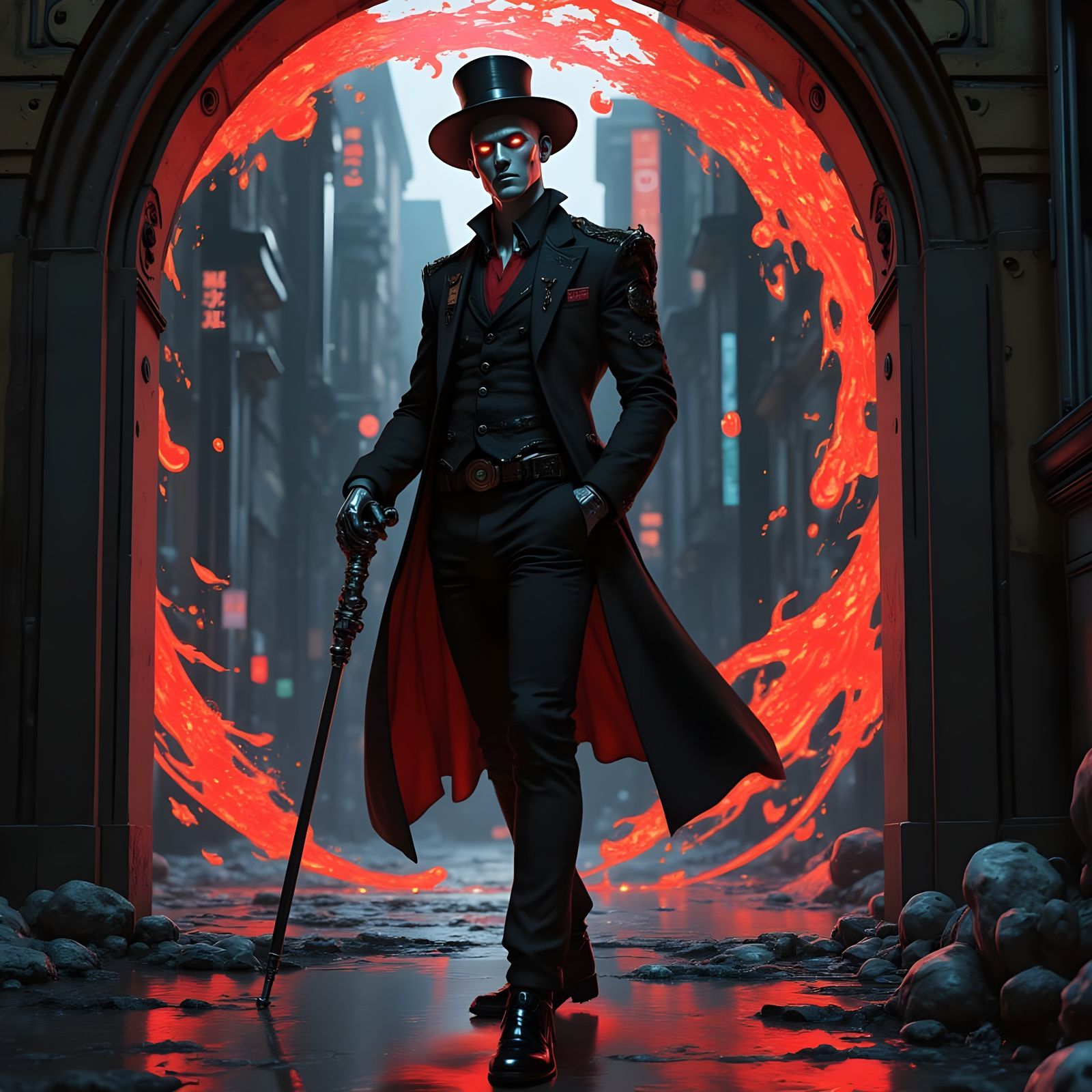 Neo-Cyberpunk Black Mage Emerges from Portal