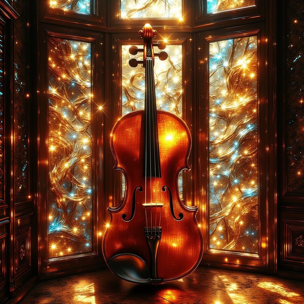 Stained Glass Window Depicts Ethereal Violin in Vibrant Colo...