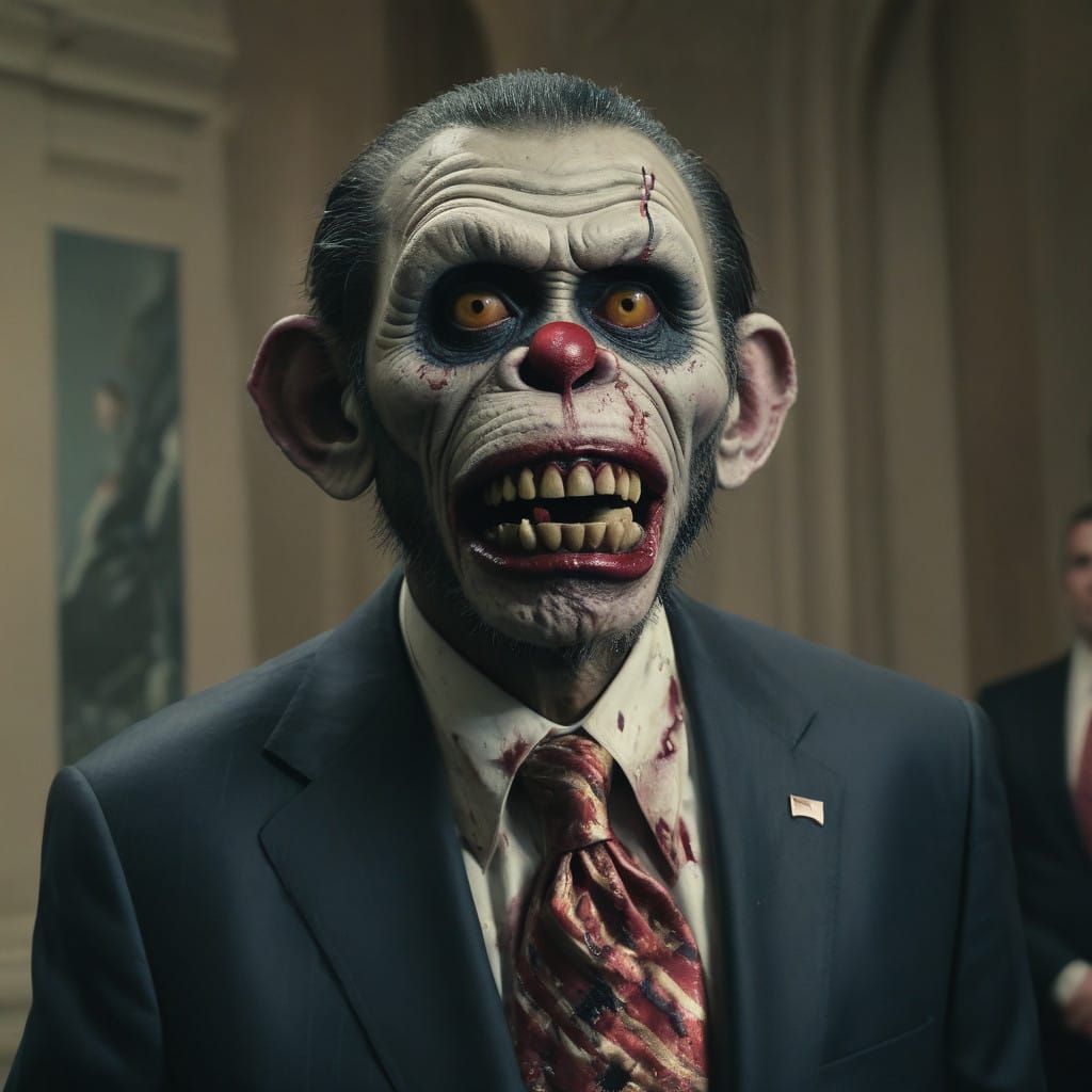 Cinematic Film Still of Zombie Monkey Monster Clown Barack O...