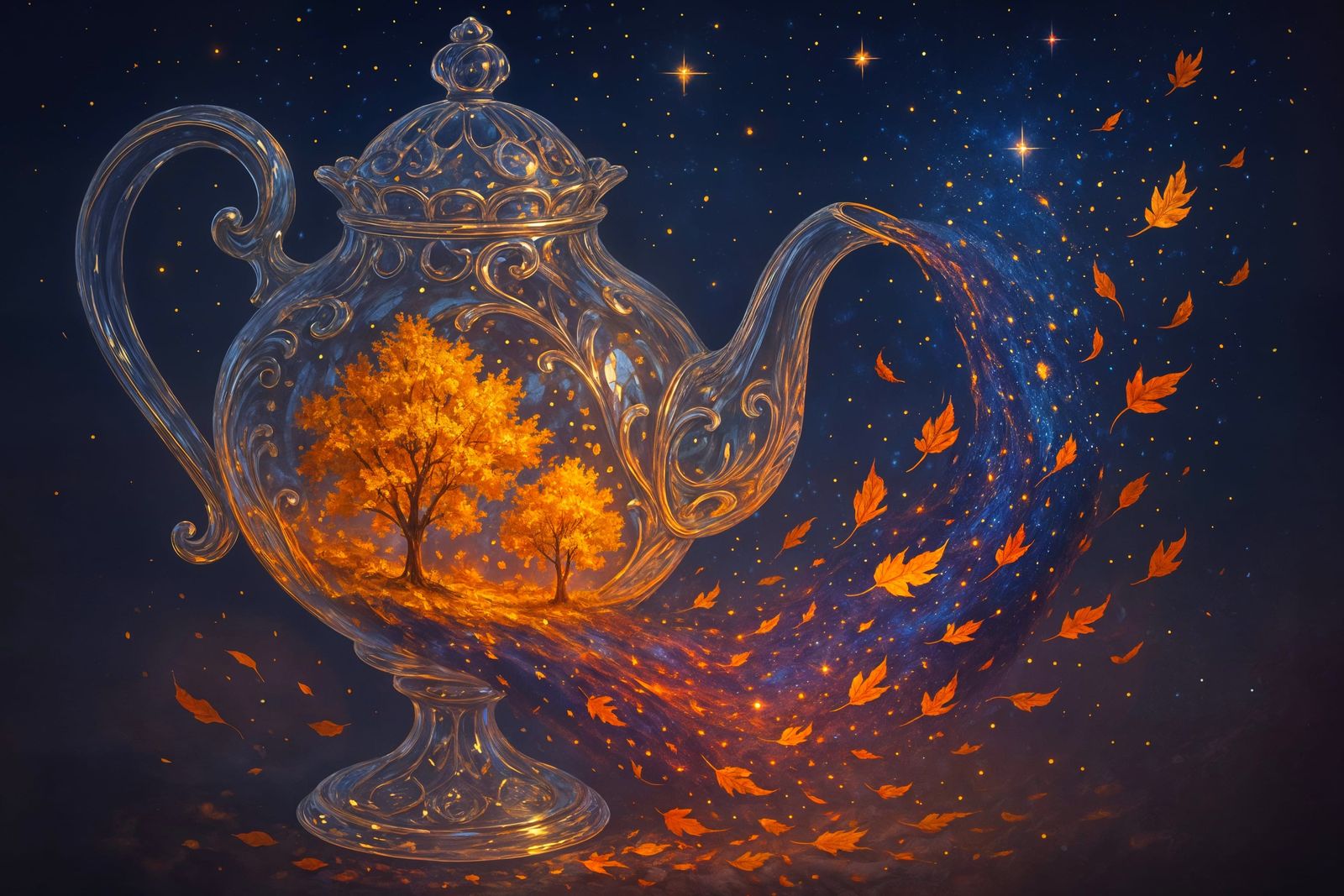 Crystal Teapot Pouring an Autumn Landscape