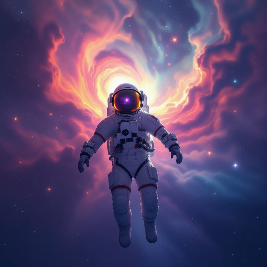 Astronaut in Vibrant Nebula Reflecting Galaxies