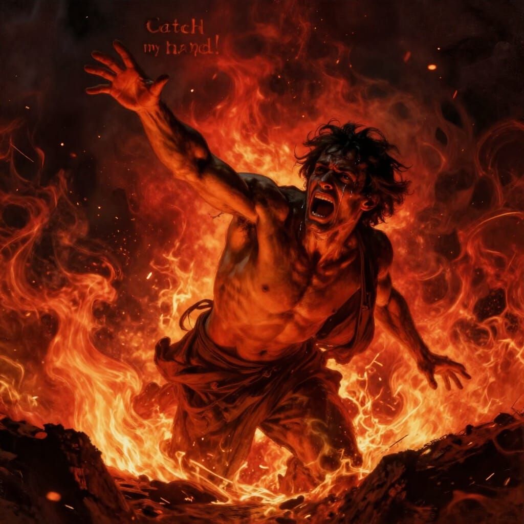 Man Plunging into Hellfire in Dramatic Chiaroscuro Style