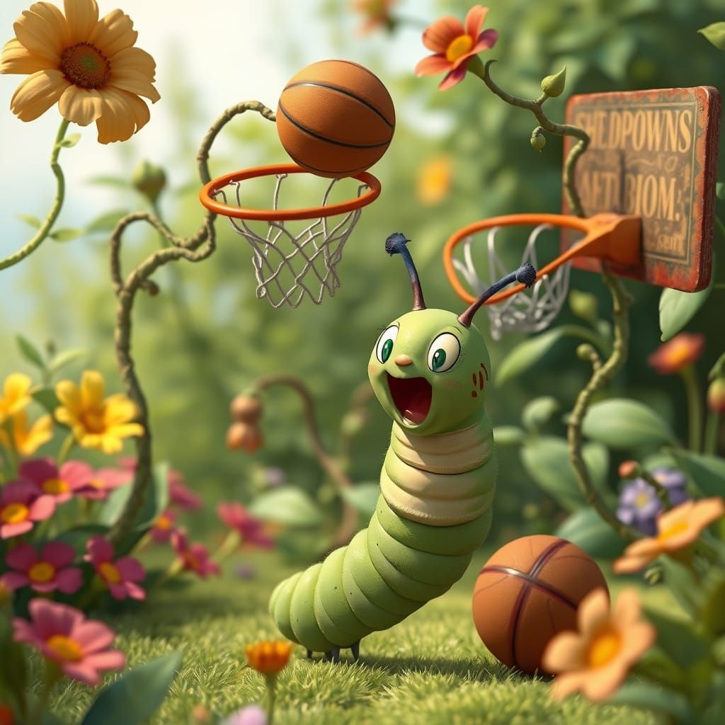 Caterpillar Basketball in a Miyazaki-esque Garden