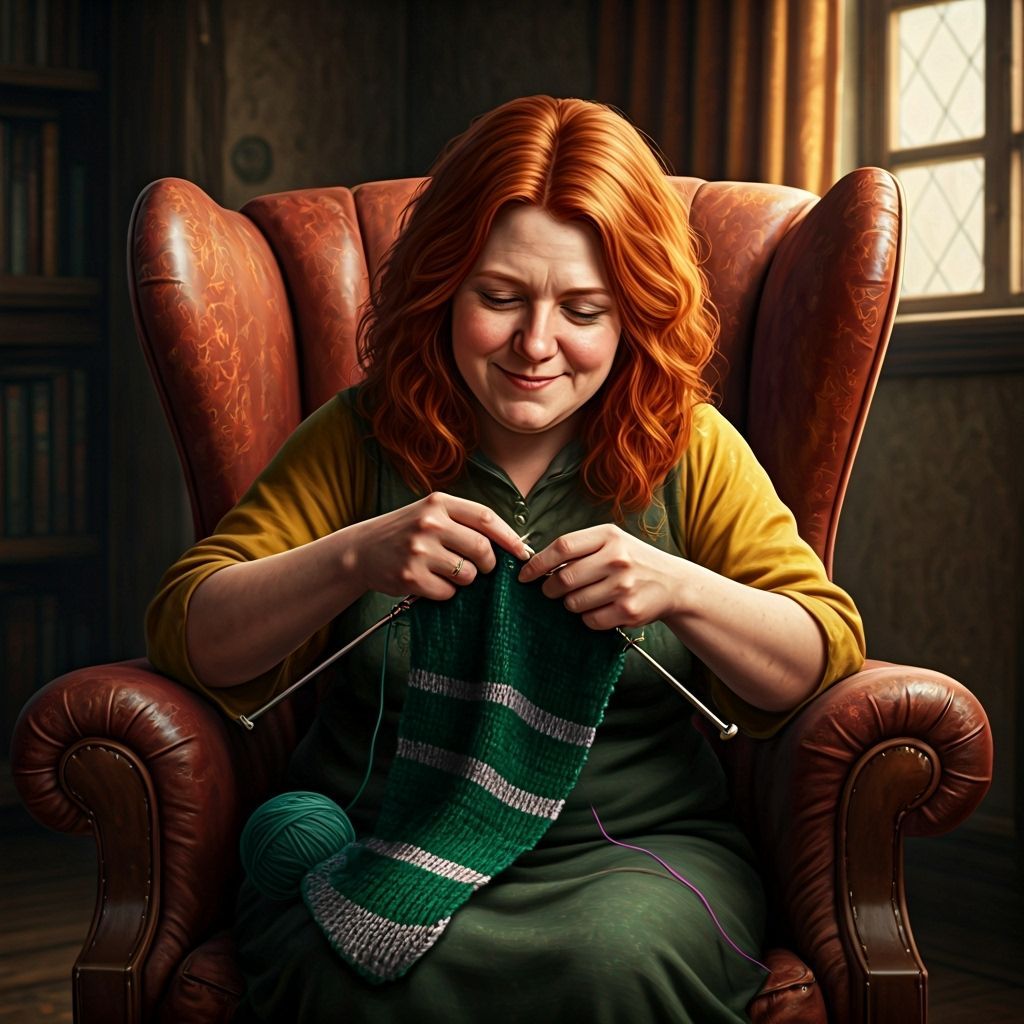 Molly Weasley Knitting a Slytherin Scarf