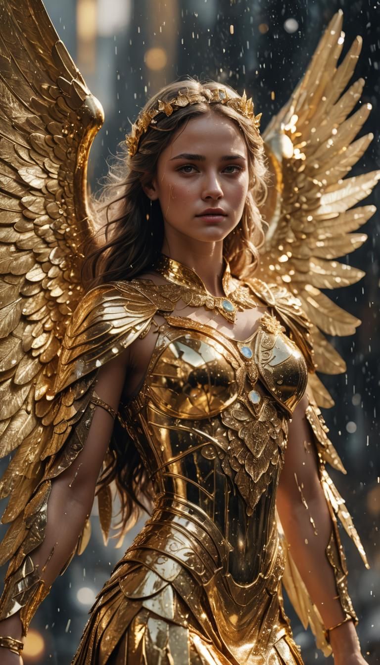 Golden Angel with Crystal Wings in Fantasy Atmosphere