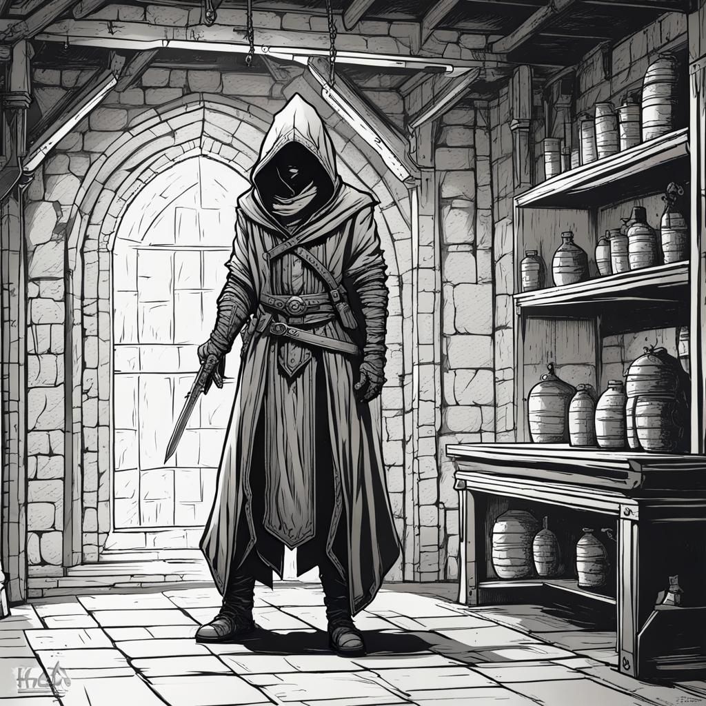 Line Art Fantasy Assassin in Dungeon