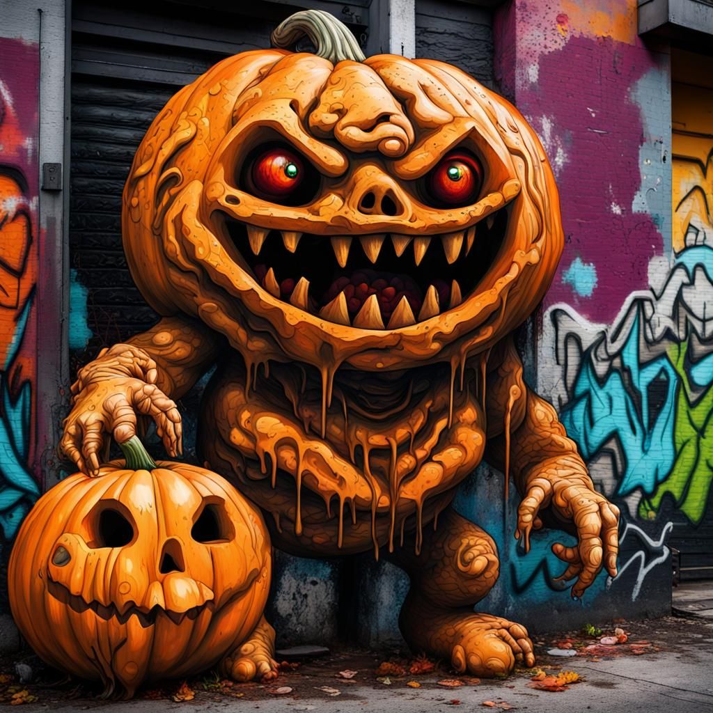 Terrifyingly Cute Pumpkin Golem in Graffiti Street Art