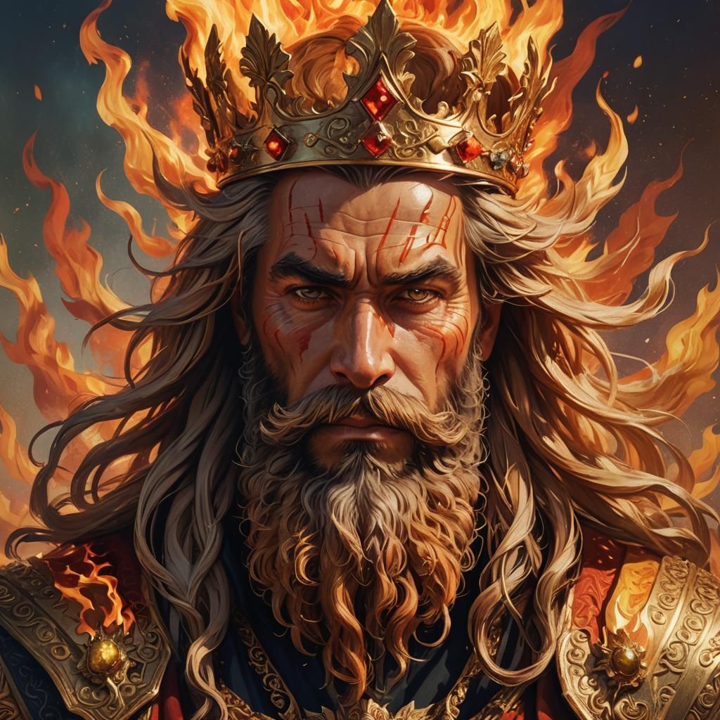 Regal Figure with Fiery Mane in Hyperrealistic Style