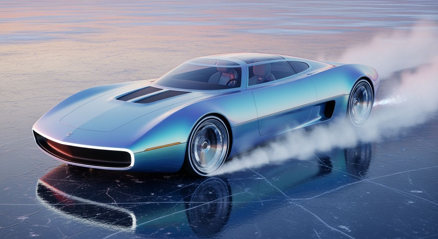 Icy Elegance: CryoSpectre Hypercar on Frozen Lake