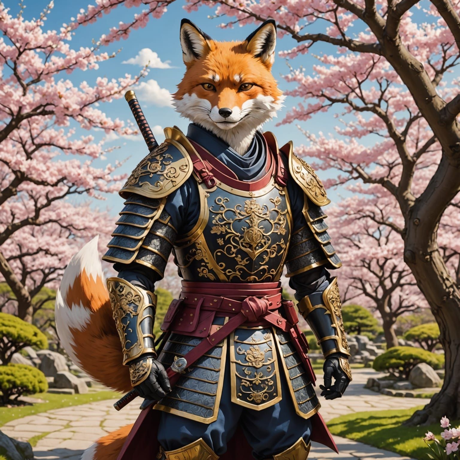 A cunning fox samurai, clad in ornate armor, stands guard be...