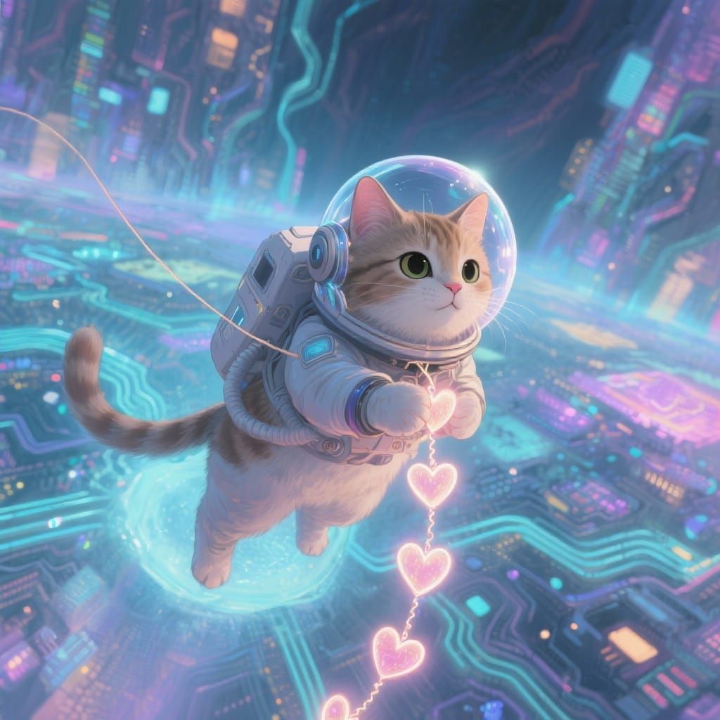 Astronaut Cat Explores Digital Realm with Heart String