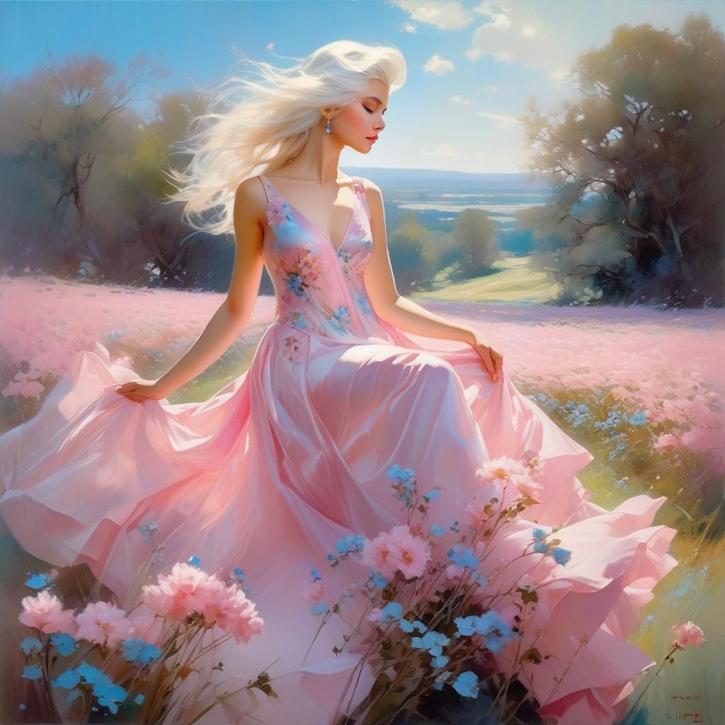 White-Haired Princess in Pink Dress, Pastel Colors
