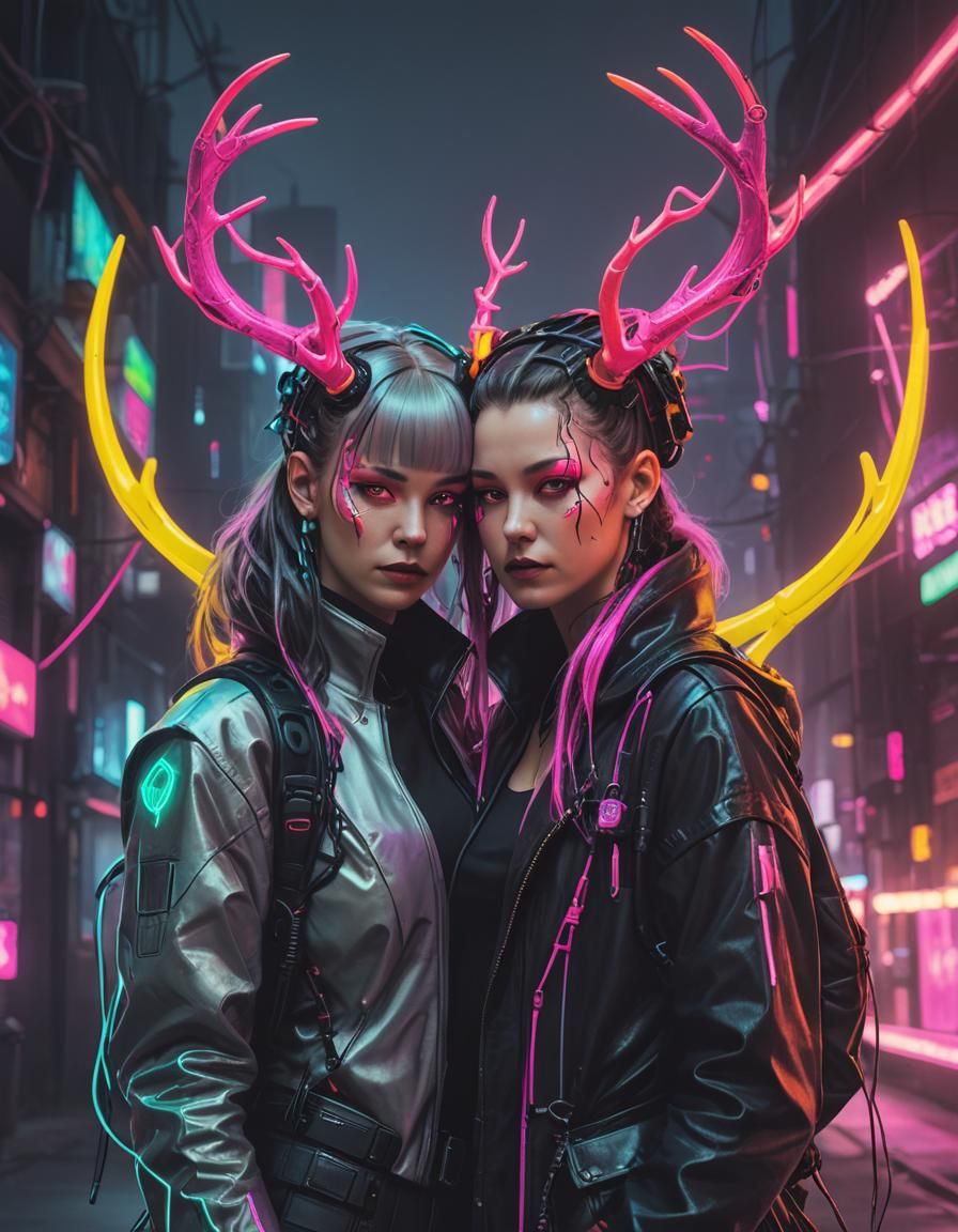 Cyberpunk Couple with Entangled Neon Antlers