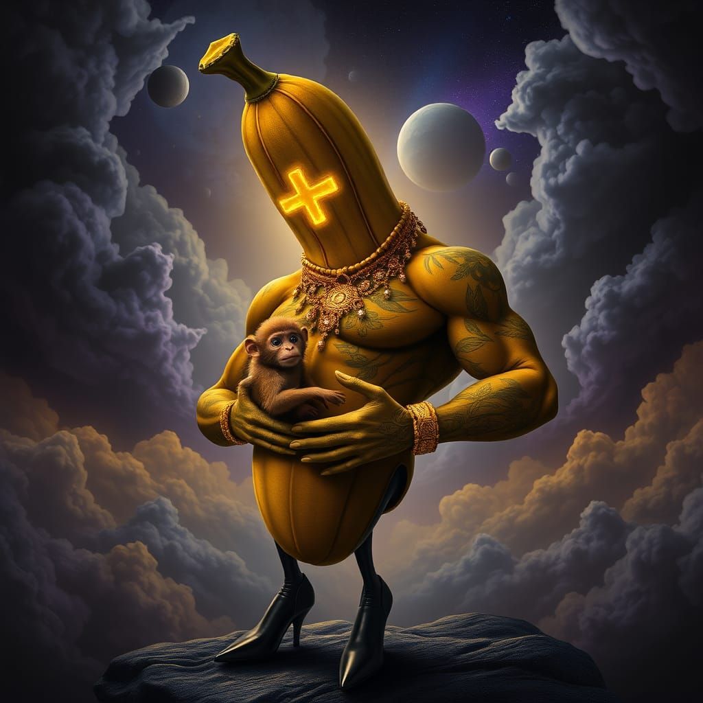 Muscular Banana Figure in Velvet with Cosmic Background