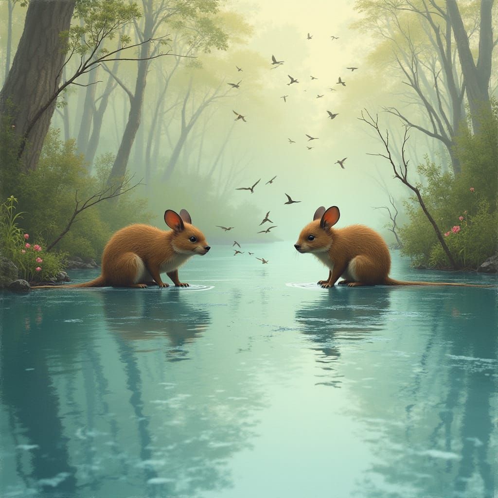 Numbats in Serene Landscape with Aquamarine Lake