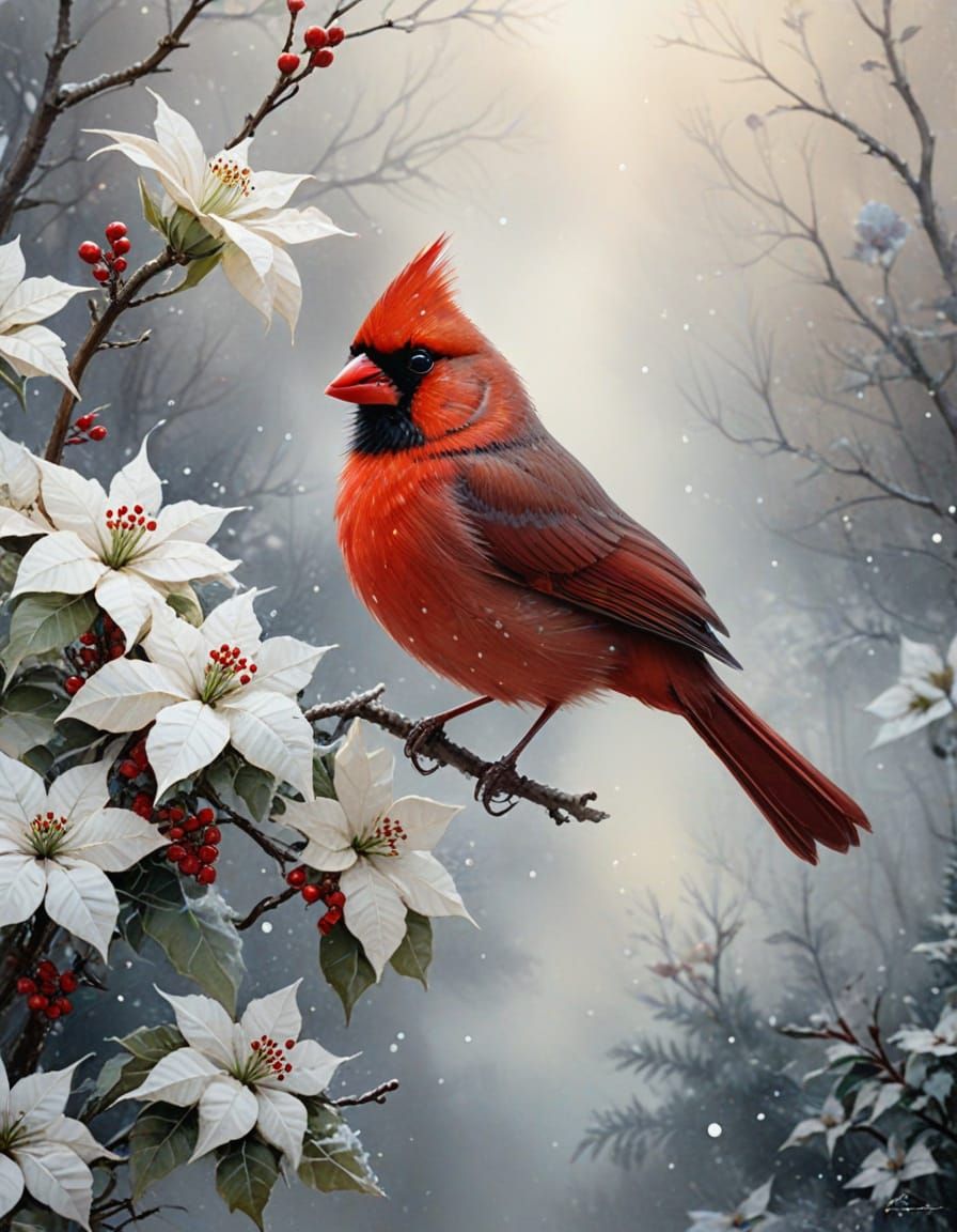 Red Cardinal on Branch with Poinsettias in Watercolor