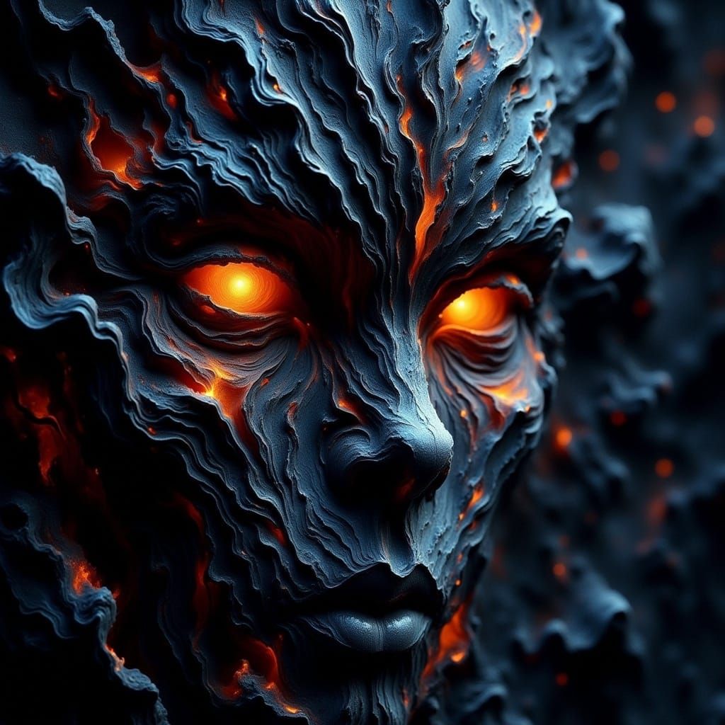 Surreal Black Lava Portrait in Dark Navy Blue and Gold