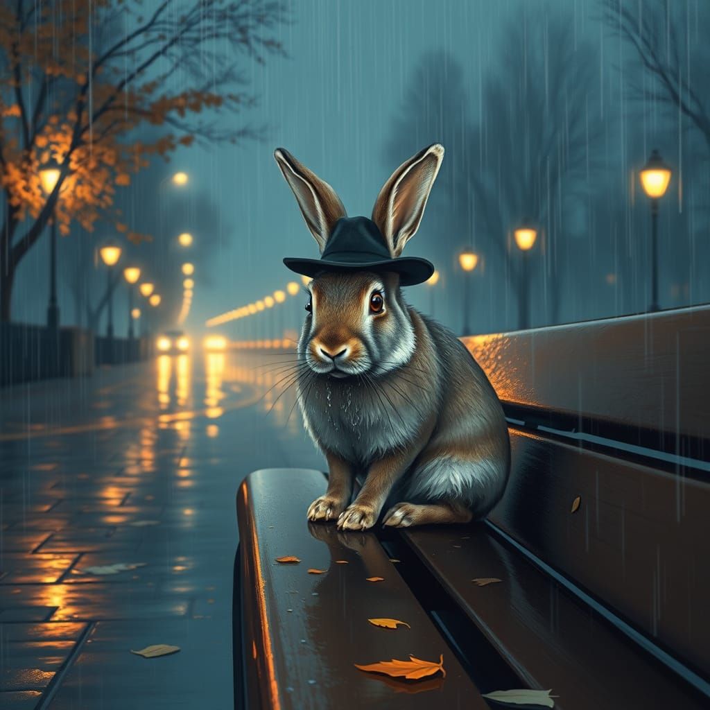 Whimsical Autumn Night Scene with Rabbit in Fedora