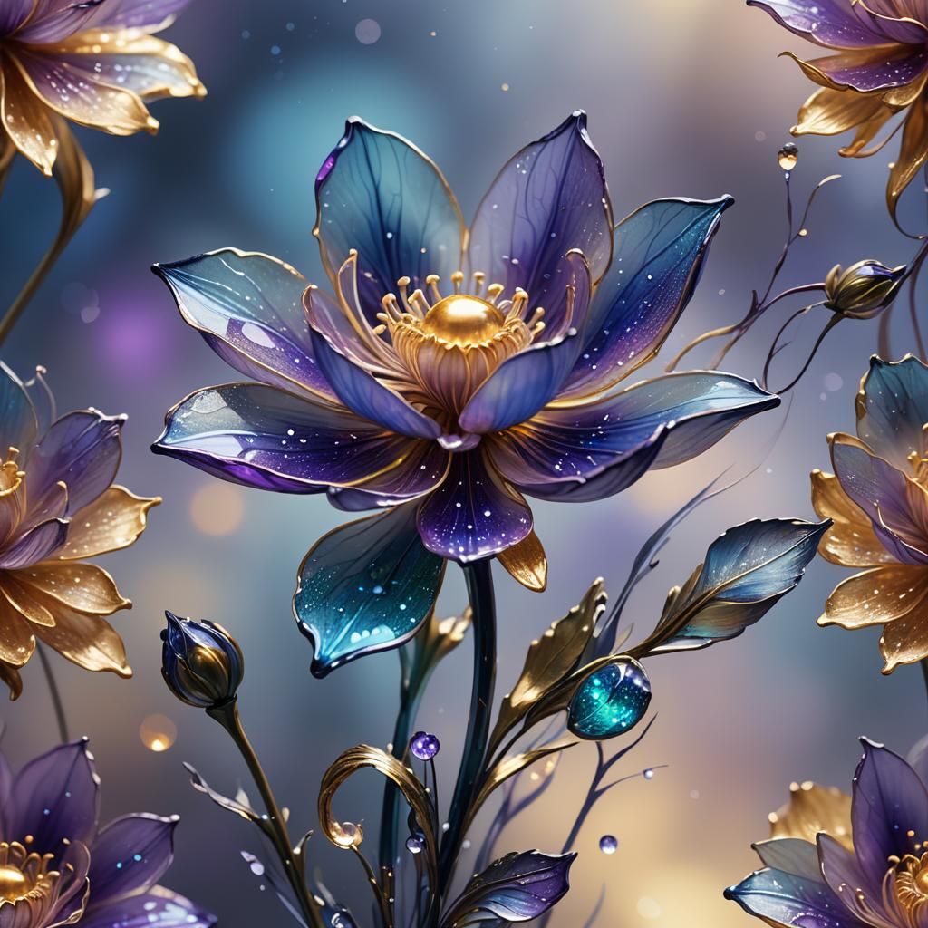 Enamelled Glass Flower in a Misty Landscape